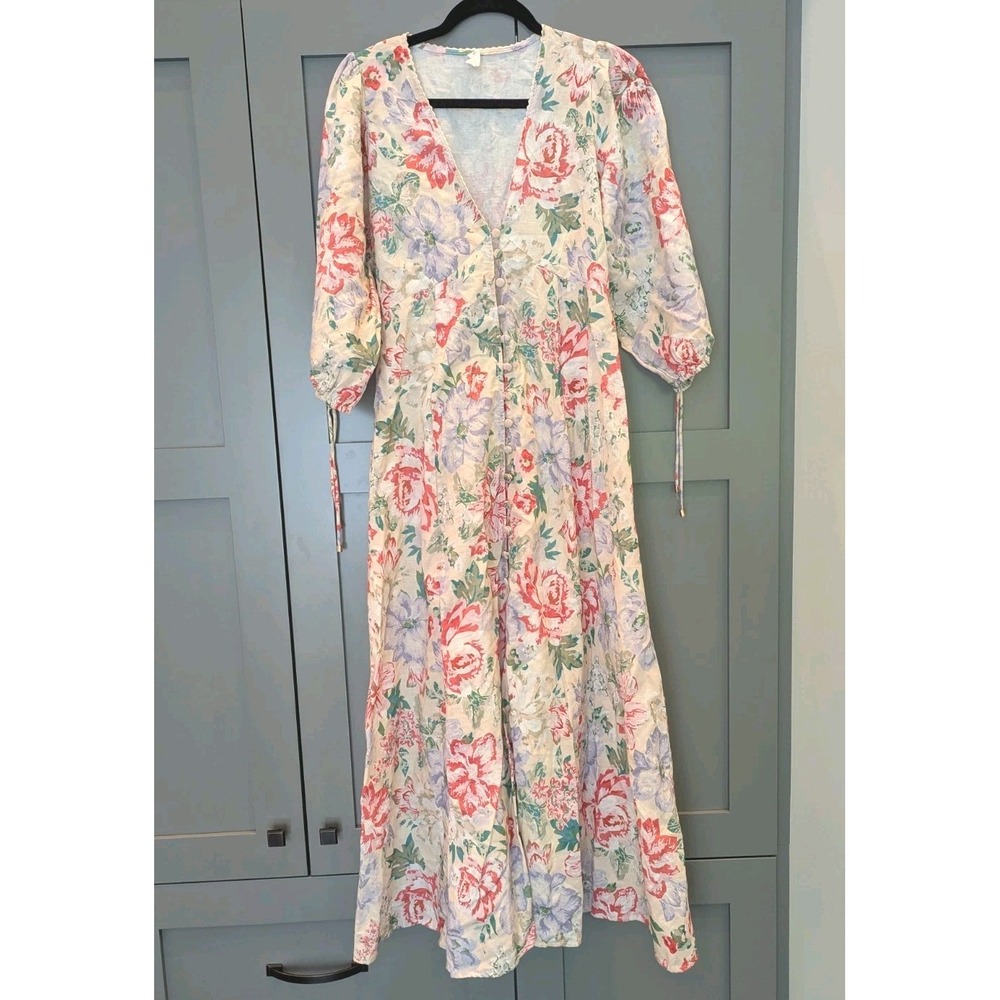 Kivari Women's Size 10 Watson Linen Blend Floral Maxi Dress Cottagecore Feminine